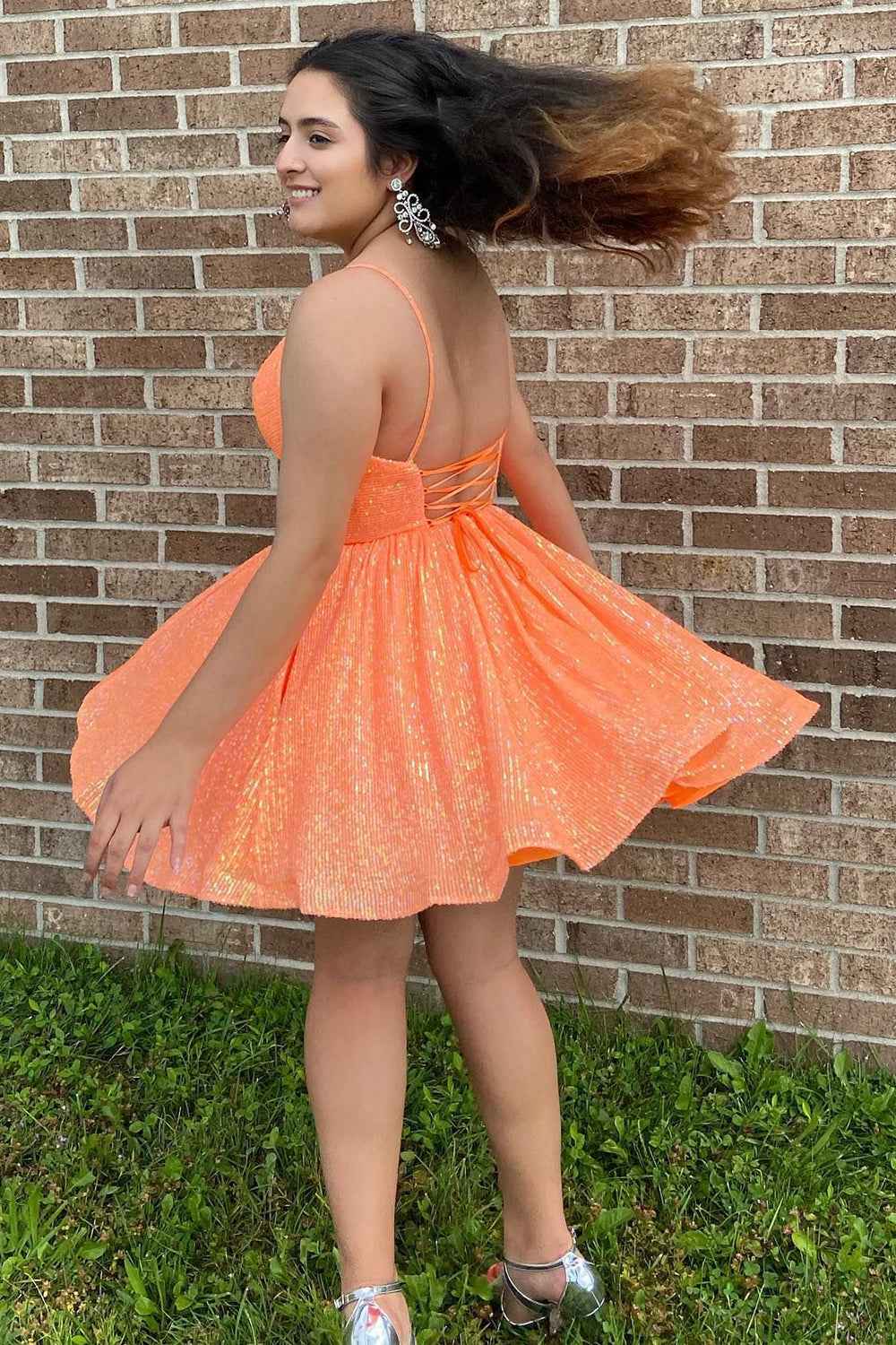 Sparkly Orange Sequins A-Line Short Homecoming Dress with Pockets