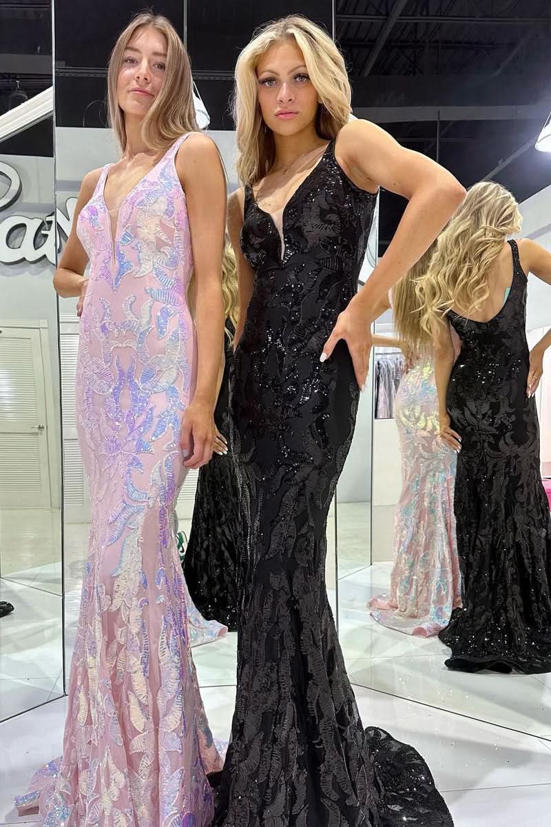 Dazzling Mermaid V Neck Sequined Lace Long Prom Dress BM bride