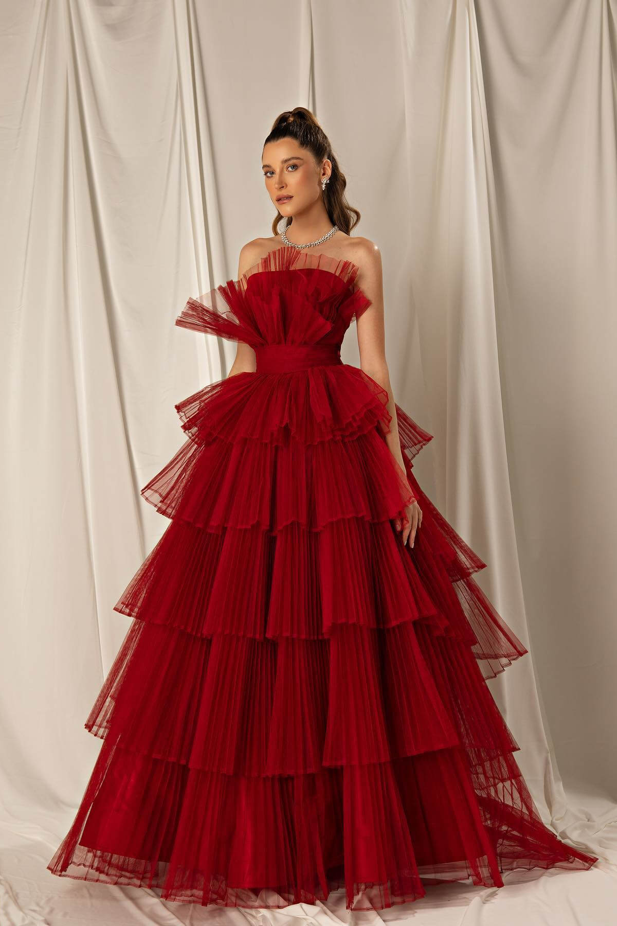 Burgundy Strapless Mermaid Evening Dress Online with Layers BM bride