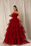 Burgundy Strapless Mermaid Evening Dress Online with Layers BM bride