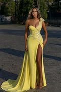 Daffodil One Shoulder Sleeveless Mermaid Prom Dress Front Split With Beadings BMBRIDE