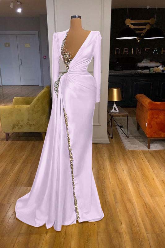 Charming Long Sleeves Yellow Split Long Prom Dress With Beadings Sequins BMBRIDE