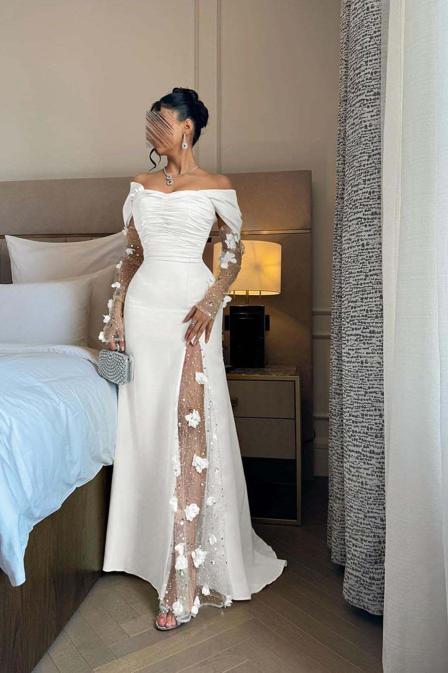 Off the Shoulder Long Sleeves Long Prom Dress With Split Appliques BMBRIDE