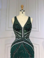 Green Sequin Prom Dress, Beaded V-Neck Long with Feather BM bride