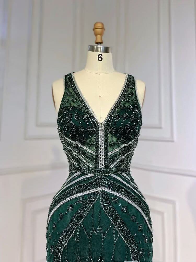 Green Sequin Prom Dress, Beaded V-Neck Long with Feather BM bride