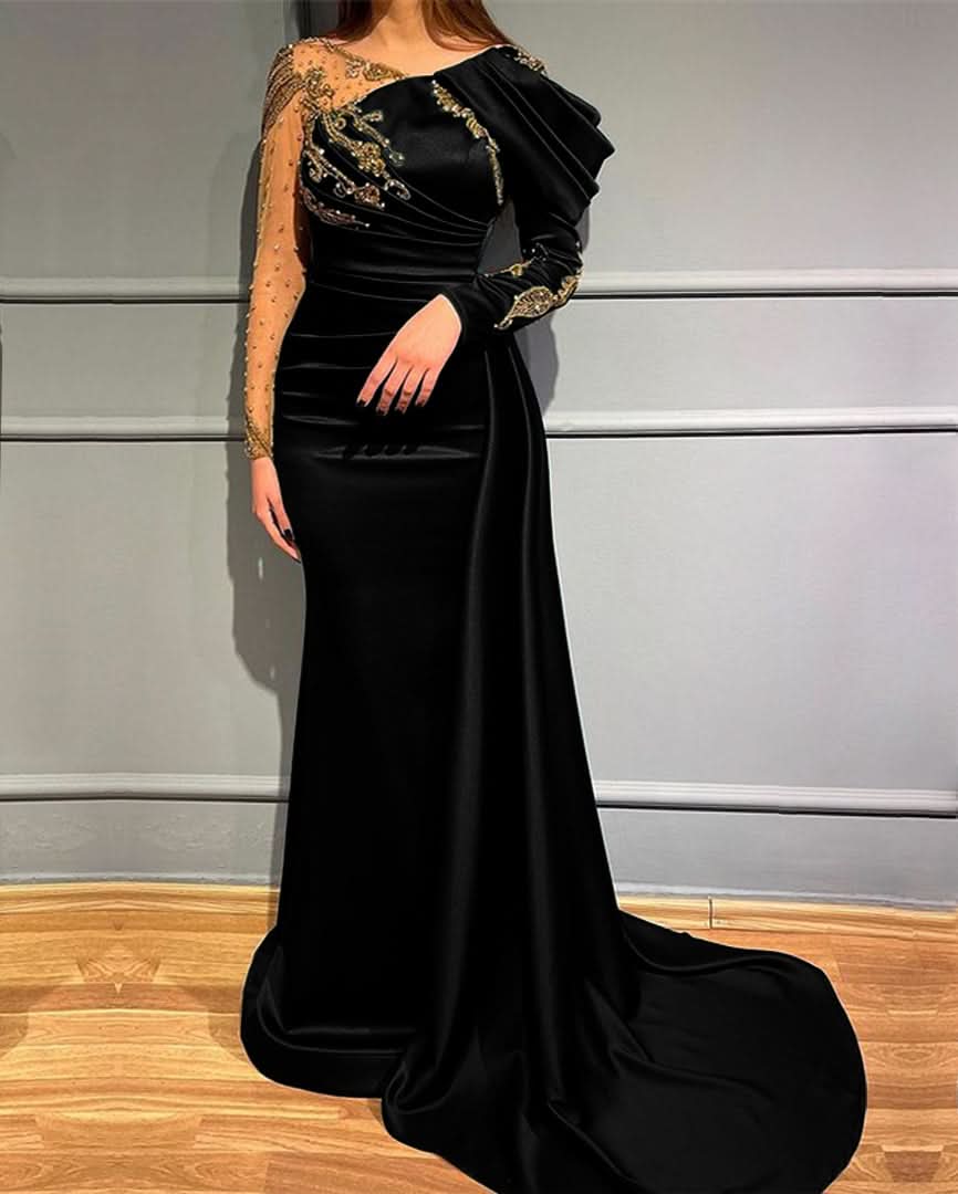 Dark Green Long Sleeves Beads Mermaid Evening Dress with Appliques BM bride