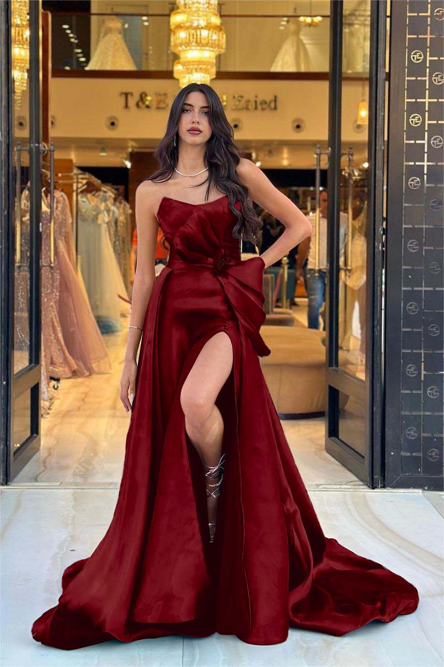 Chic Navy Blue Strapless Sleeveless Long Split Prom Dress With Bowknot