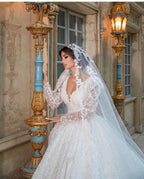 A-Line Deep V-Neck Long Sleeve Train Wedding Dress with Lace Appliques BM bride