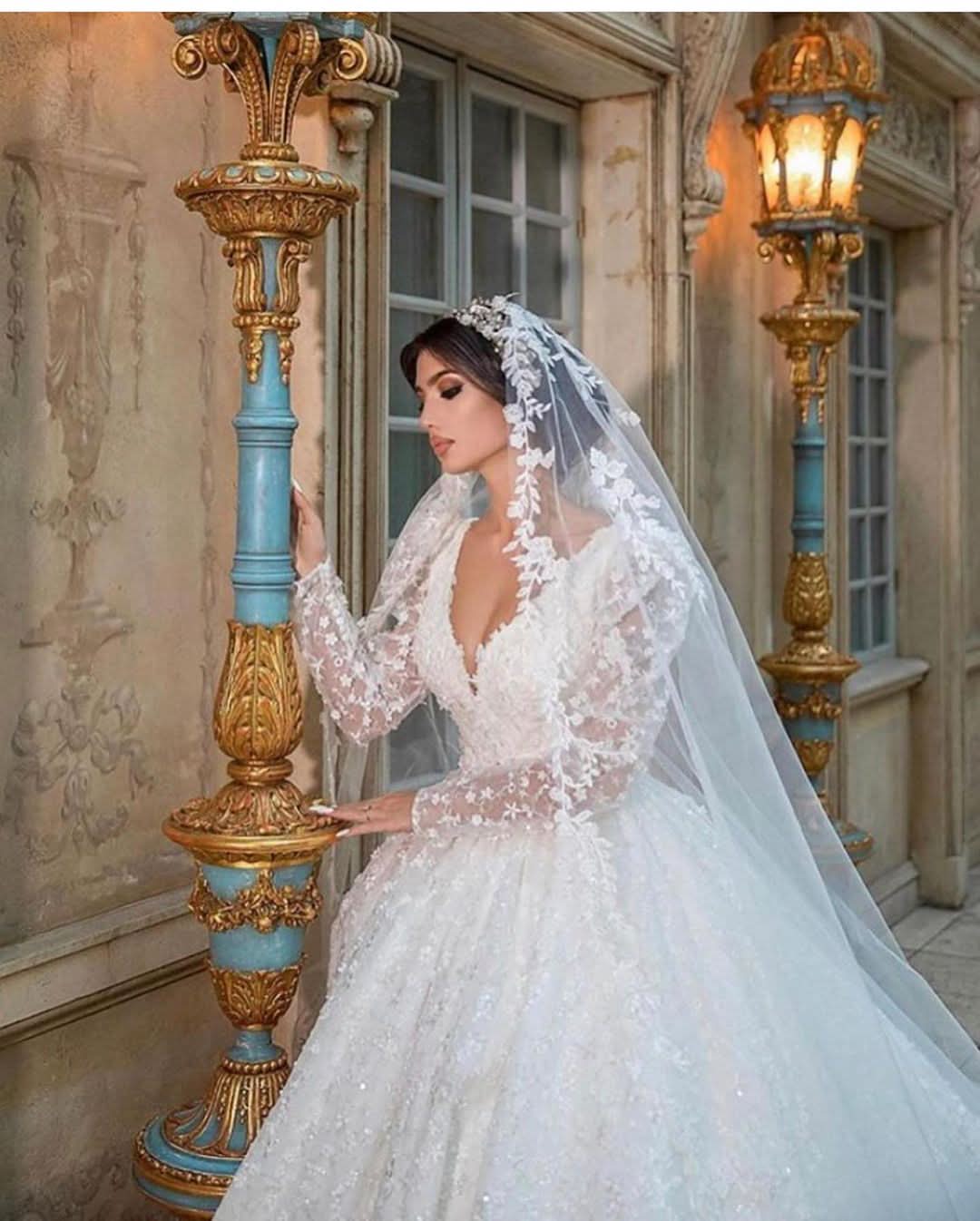 A-Line Deep V-Neck Long Sleeve Train Wedding Dress with Lace Appliques BM bride