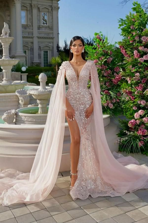 Luxurious Pink Beaded Ribbon Prom Dress with Split Shine Mermaid Design BM bride