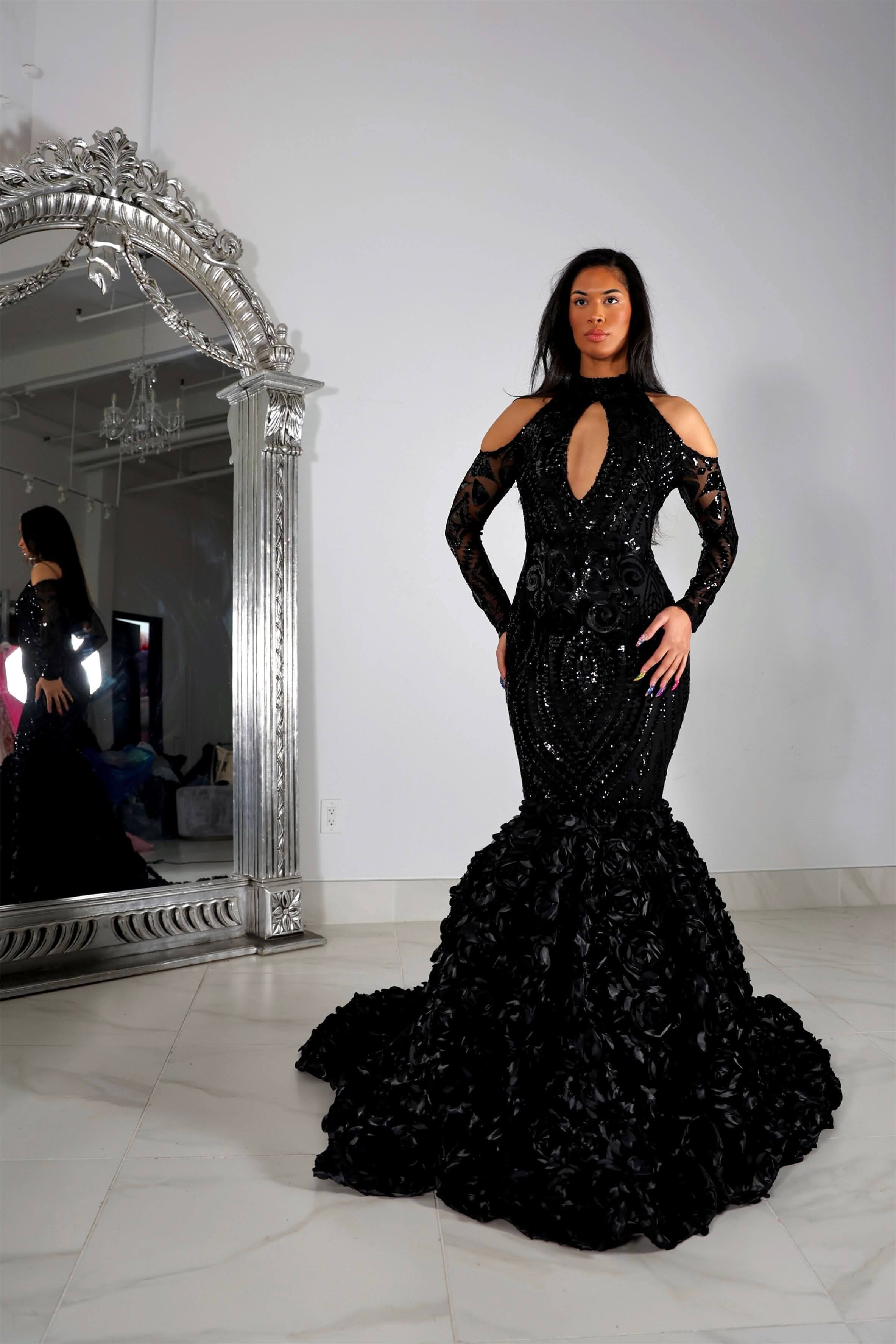 Black Half-Sleeve Halter Mermaid Prom Dress with Floral Appliques BM bride