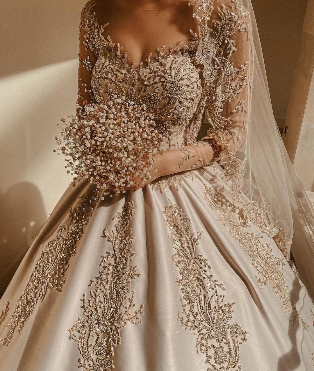 Gorgeous Sweetheart Long Sleeve Satin Wedding Dress with Beadings and Pearls BM bride