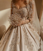 Gorgeous Sweetheart Long Sleeve Satin Wedding Dress with Beadings and Pearls BM bride