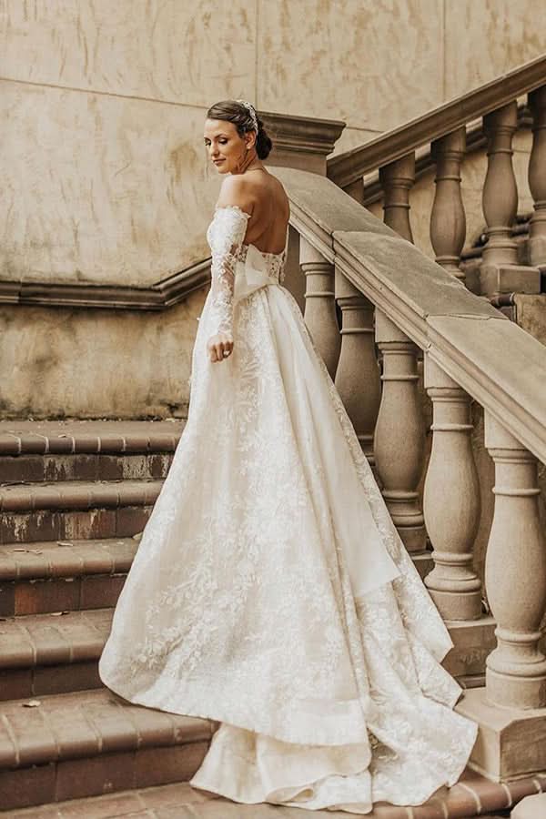 Off-the-Shoulder Long Sleeve A-Line Wedding Dress with Bow and Lace BM bride