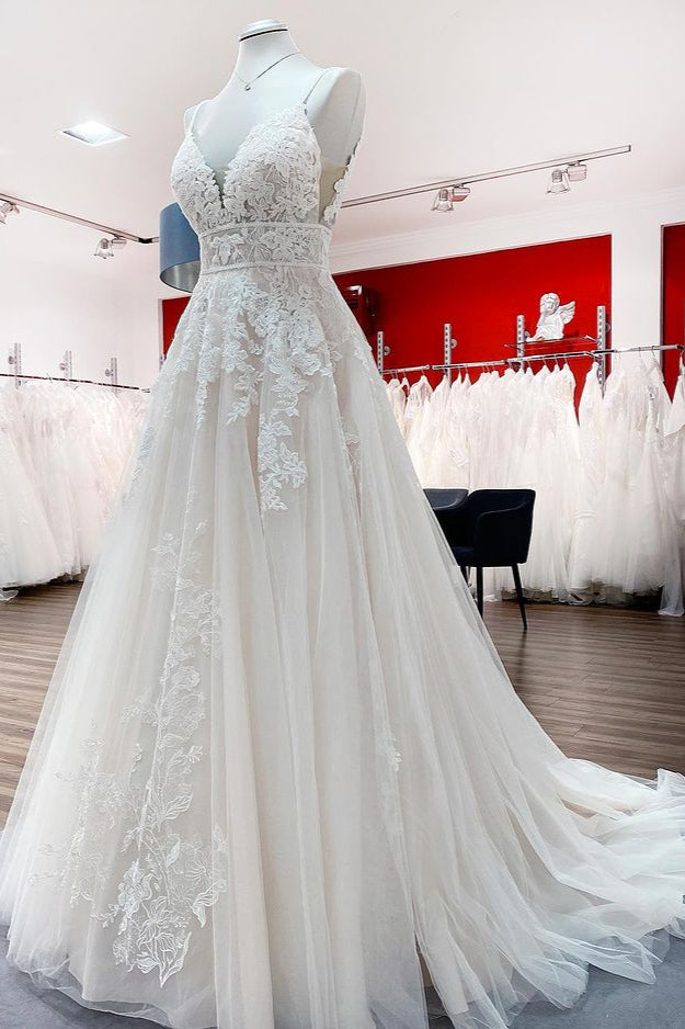 Long A-Line V-Neck Sleeveless Backless Wedding Dress with Tulle Ruffles and Lace Appliques BM bride