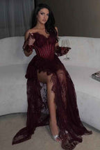 Strapless Sleeveless Long Mermaid Prom Dress With Split Lace