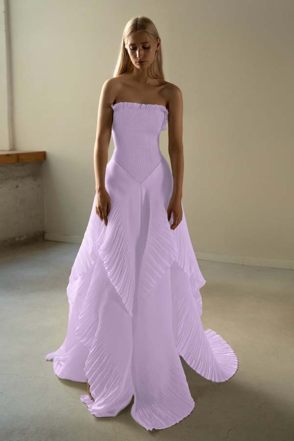 Chic Strapless Sleeveless Long Prom Dress With Ruffles Pleated