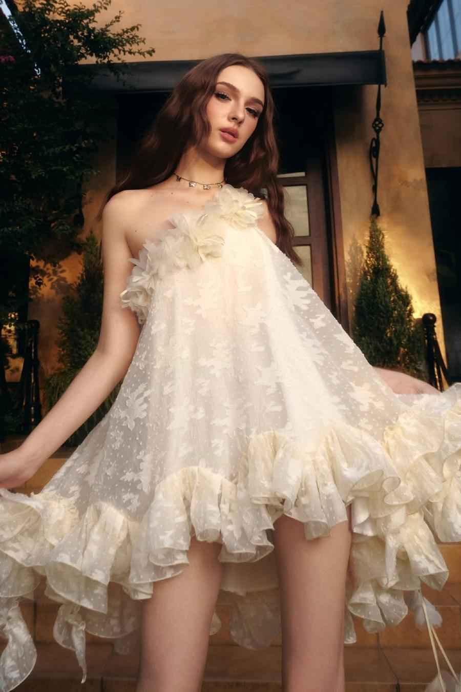 One Shoulder Sleeveless Short Prom Dress With Applique Ruffle