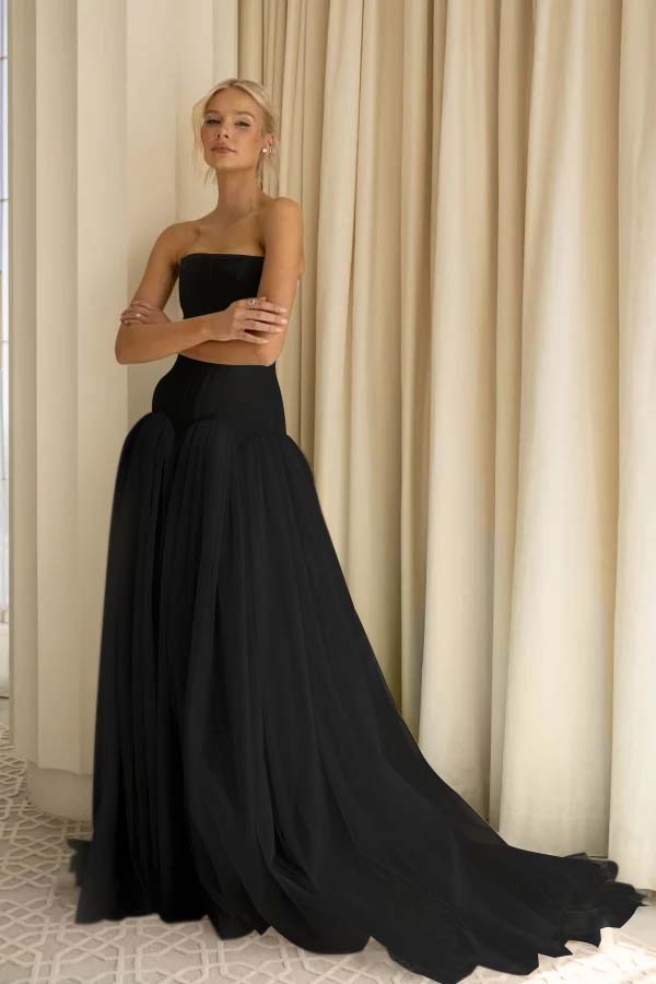 Charming Tulle Strapless Sleeveless Long Prom Dress With Pleated BMBRIDE