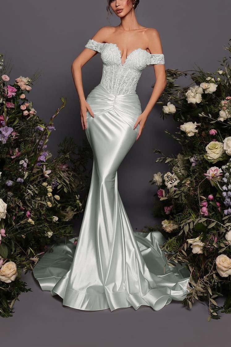 Off The Shoulder Sleeveless Long Mermaid Prom Dress With Pleated BMBRIDE