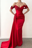 Red Mermaid Prom Dress with Beadings, V-Neck, Off-the-Shoulder, Long with Ruffles BM bride