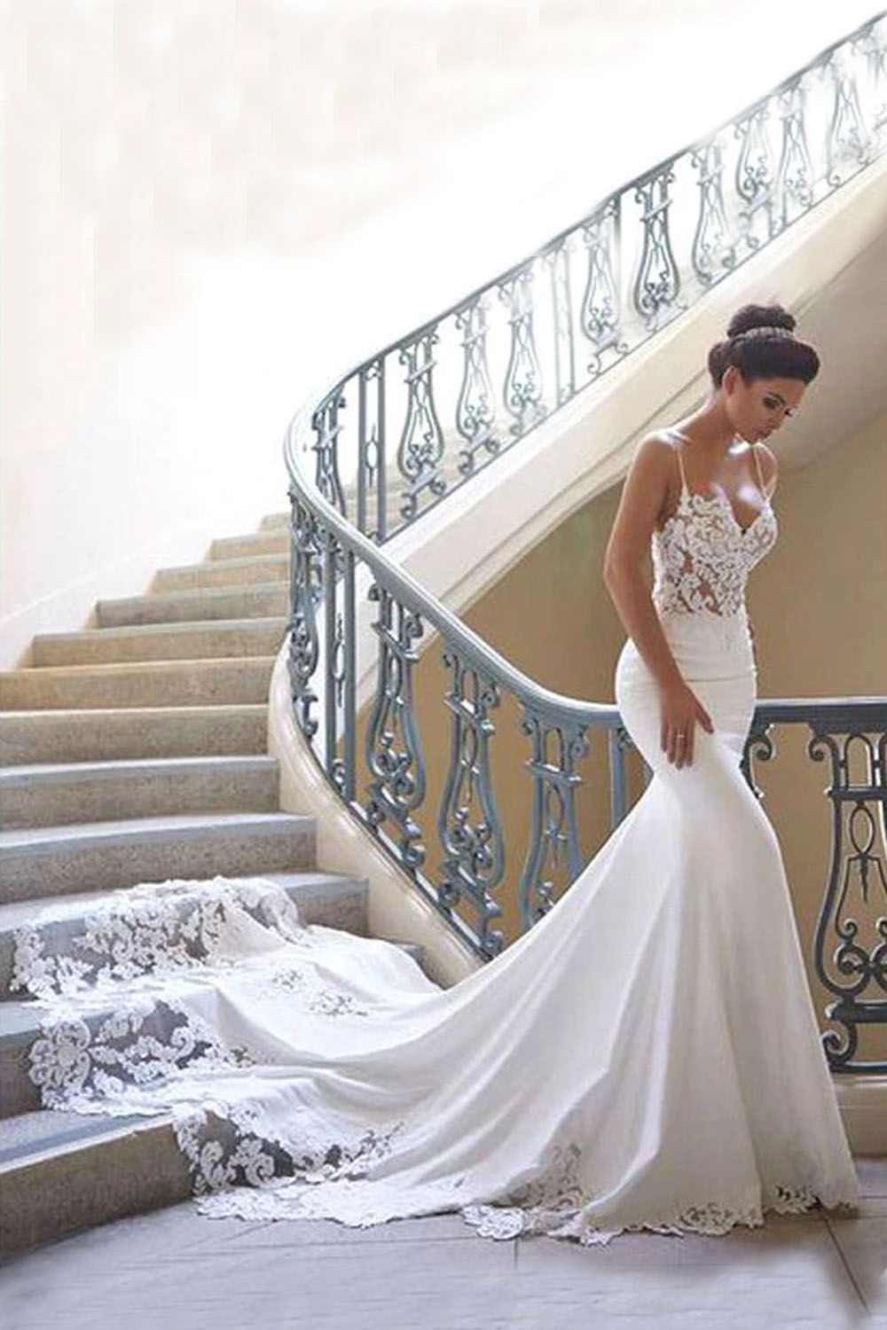 Lace Mermaid Wedding Dress with Spaghetti Straps BMbride