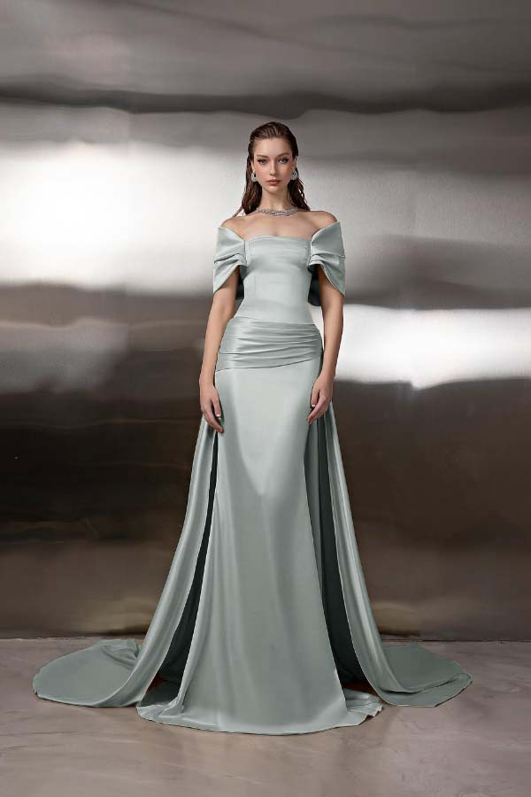 Off the Shoulder Sleeveless Long Mermaid Prom Dress With Pleated BMBRIDE