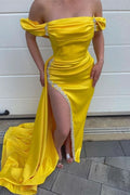 Yellow Off-the-Shoulder Mermaid Prom Dress with Split and Beads BM bride