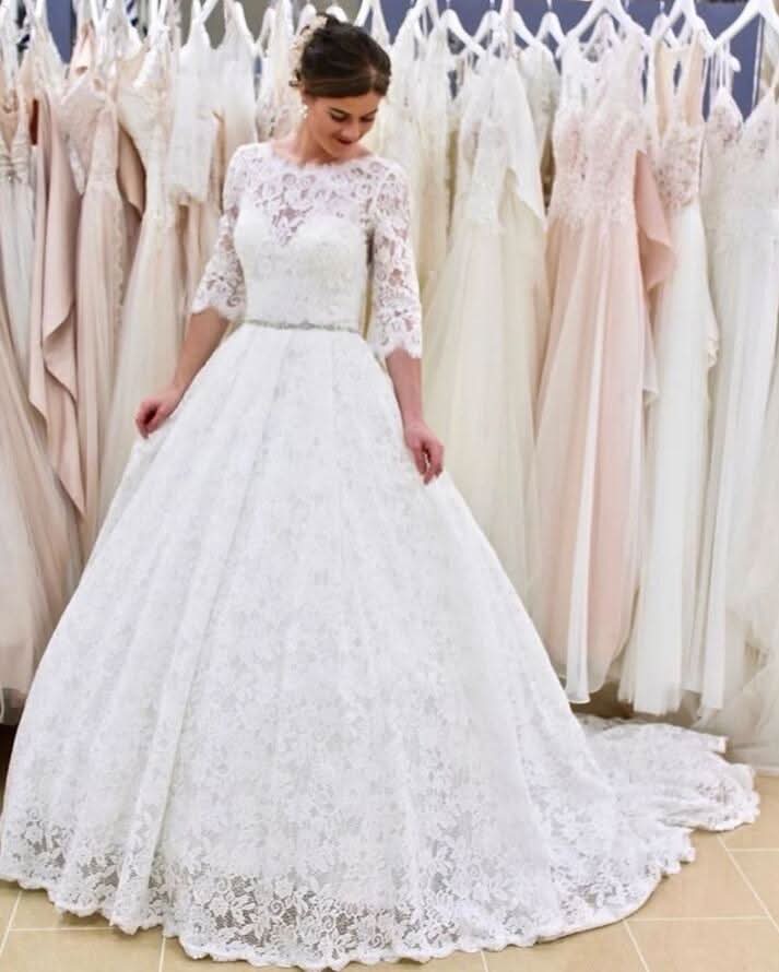 A-line Lace Backless Long Wedding Dress With Sleeves BM bride