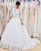A-line Lace Backless Long Wedding Dress With Sleeves BM bride