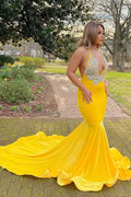Yellow Halter V-Neck Mermaid Prom Dress with Applique BM bride