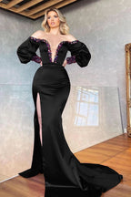 Purple Off-the-Shoulder V-Neck Beaded Long Sleeve Mermaid Prom Dress with Front Split BM bride