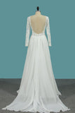 Long Sleeve Bateau A-Line Chiffon Floor-Length Wedding Dress with Ruffles BM bride