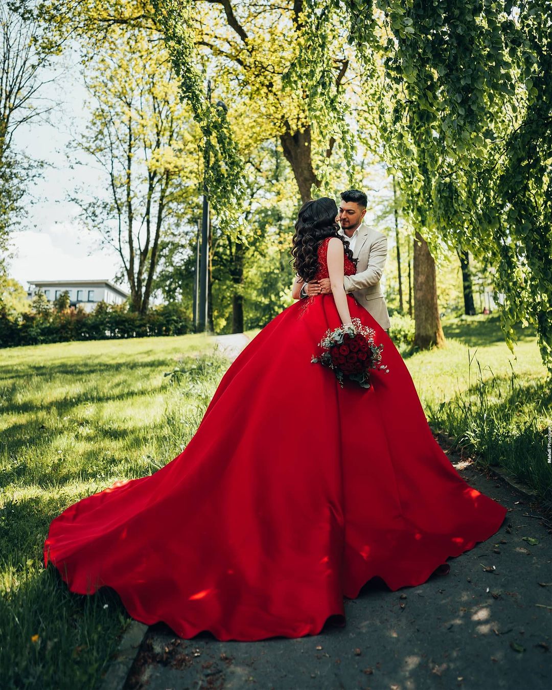 Long Ball Gown Princess Satin V-Neck Wedding Dress with Lace BM bride