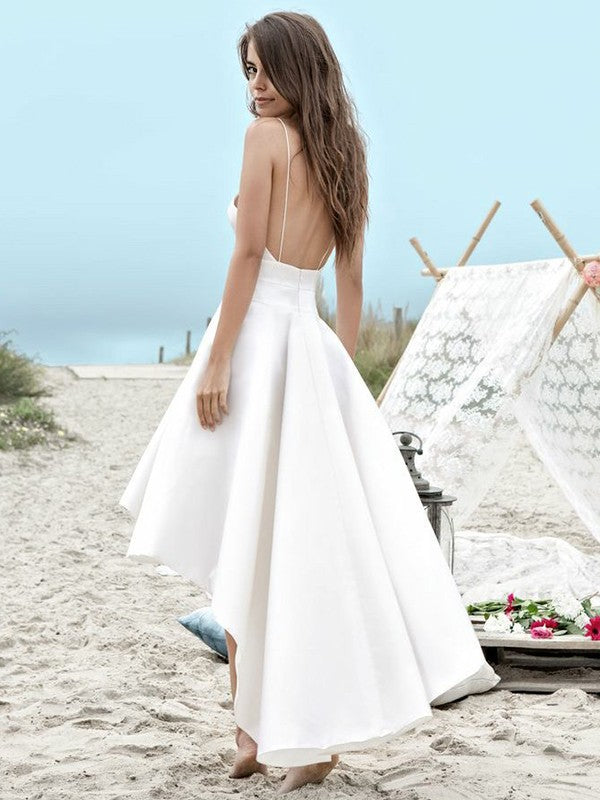 Simple V-Neck Spaghetti Strap A-Line Hi-Lo Wedding Dress with Pockets BM bride