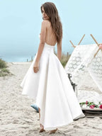 Simple V-Neck Spaghetti Strap A-Line Hi-Lo Wedding Dress with Pockets BM bride