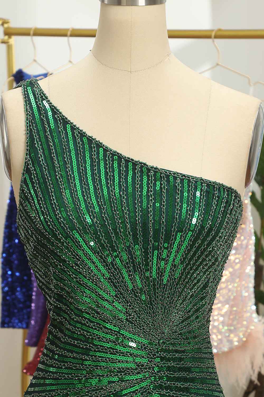 Glitter Dark Green One Shoulder Beaded Tight Homecoming Dress Bmbride