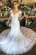 Charming Long Sweetheart Mermaid Wedding Dress with Cap Sleeves and Lace BM bride