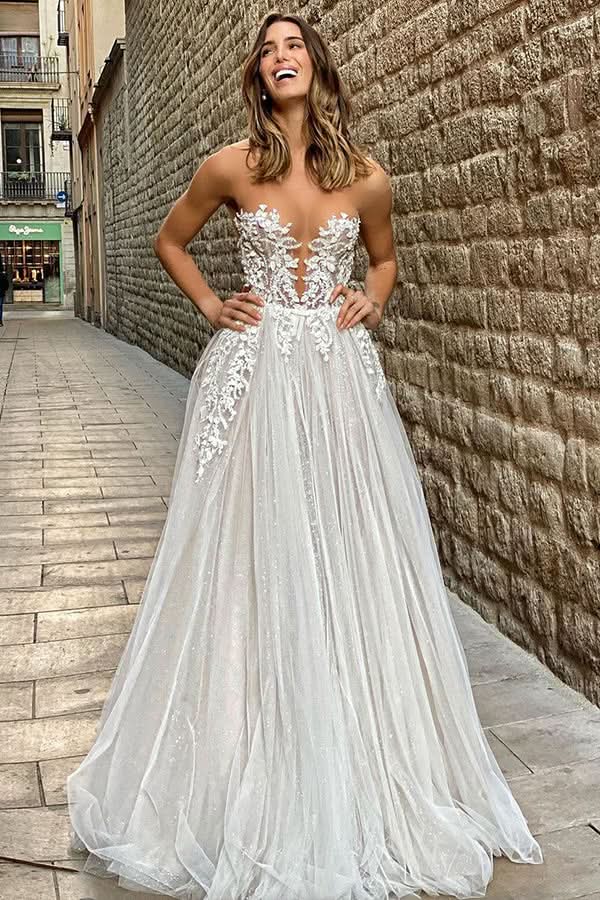 Sheer A-line Wedding Dress Floor Length With Tulle Appliques BM bride
