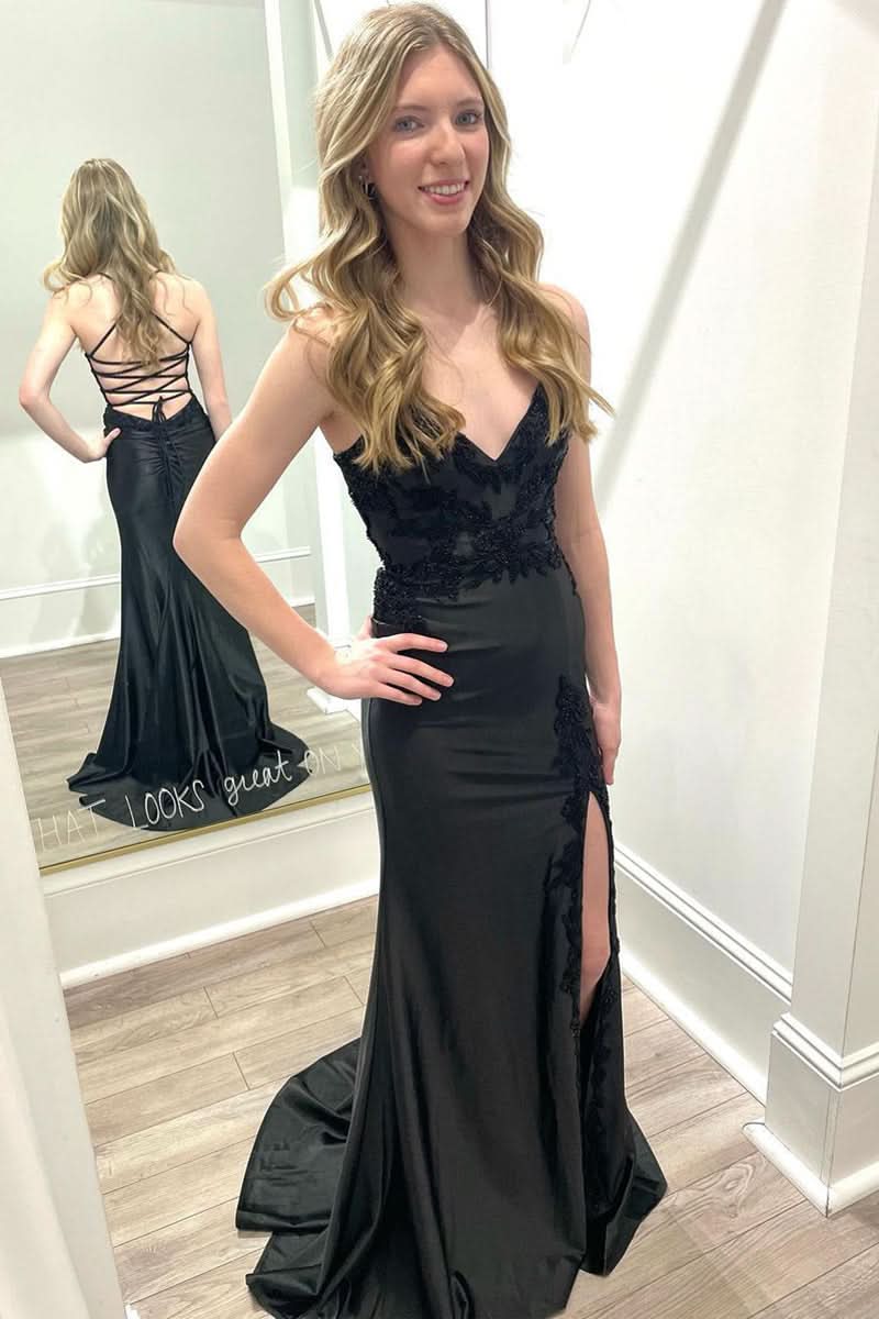 Elegant Black V Neck Satin Mermaid Long Prom Dress with Slit BM bride