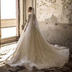 Deep V-neck Long Sleeves A-Line Wedding Dress With Lace Appliques Ruffles Tulle BM bride