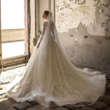 Deep V-neck Long Sleeves A-Line Wedding Dress With Lace Appliques Ruffles Tulle BM bride