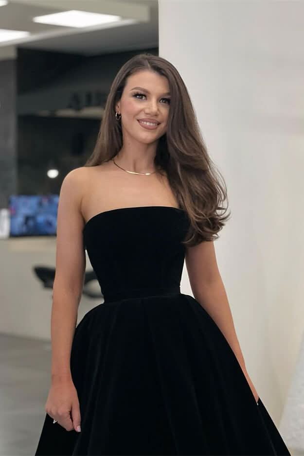 Elegant Black Strapless Sleeveless Tea Length Online Prom Dress BM bride