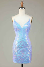 Glitter Blue Sequins Tight Short Homecoming Dress Bmbride