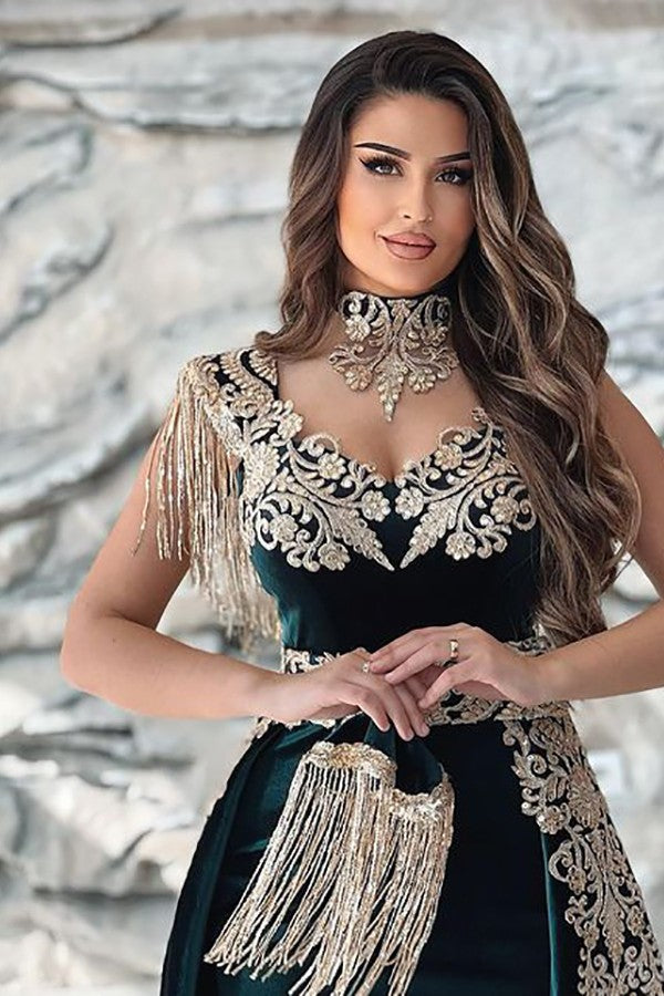 Dark Green Sleeveless V-Neck Applique Mermaid Evening Dress with Detachable Skirt BM bride