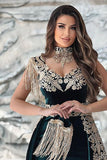 Dark Green Sleeveless V-Neck Applique Mermaid Evening Dress with Detachable Skirt BM bride