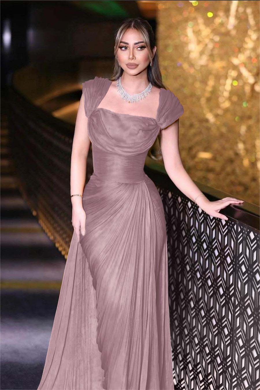 Daffodils Square Neck Sleeveless High Waist Long Pleated Prom Dress With Split BMBRIDE