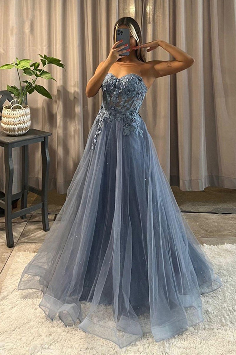 Long Prom Dress A-Line Sweetheart Appliques Tulle with Beadings BM bride