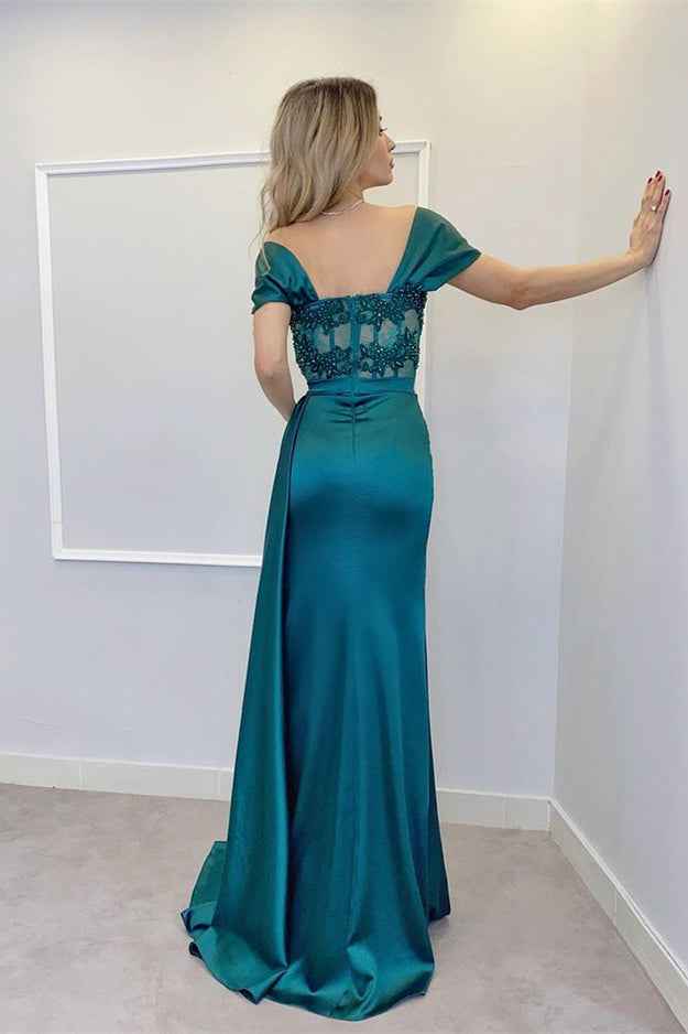 Off the Shoulder Long Split Prom Dress With Appliques Pleated