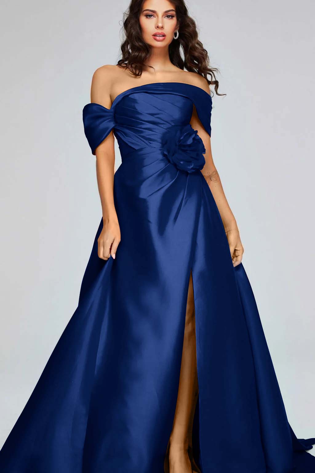 Off the Shoulder Sleeveless Long Split Prom Dress With Pleated BMBRIDE